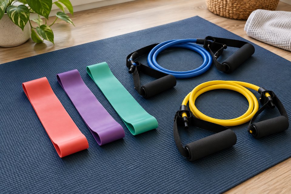 Loop resistance bands and handled resistance tubes on an exercise mat