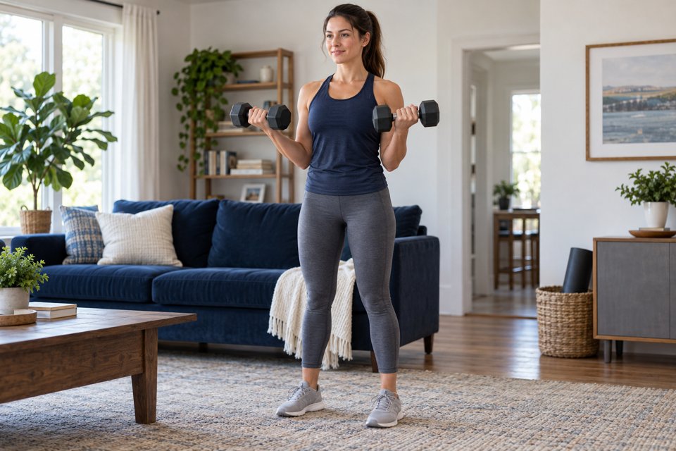 Beginner dumbbell strength exercise in a living room