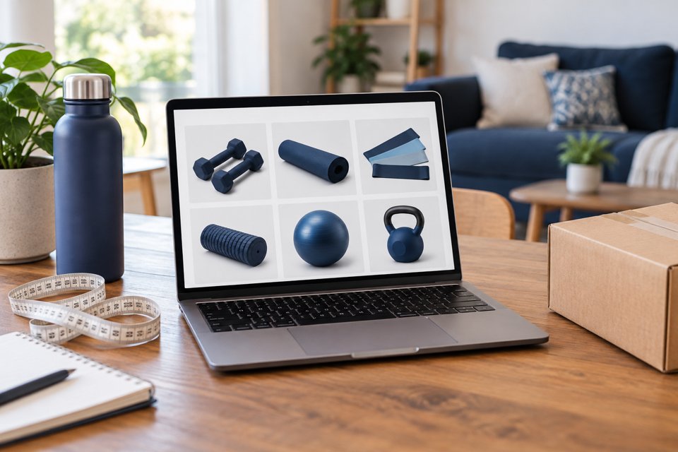 Laptop comparing home fitness equipment beside a delivery box