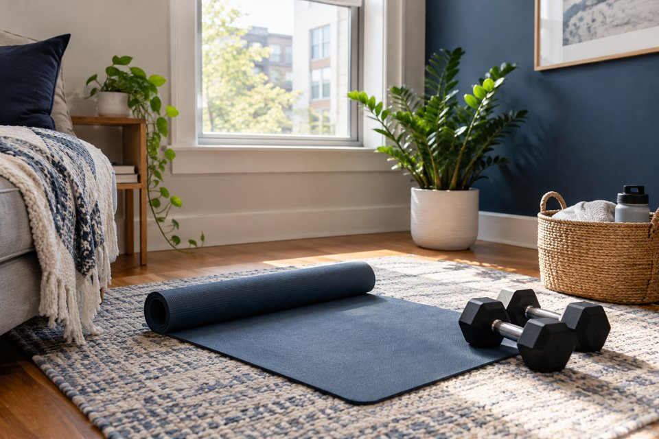 Compact home workout corner with mat and dumbbells